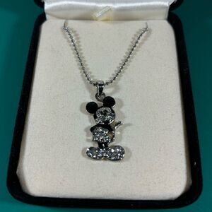 Disney‎ Silver Tone Mickey Mouse Choker Necklace, Sparkly Black Pendant 15”